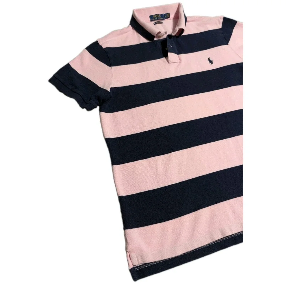 Polo Ralph Lauren Custom Slim Fit Polo Shirt Mens Large Rugby Stripe Pink Navy